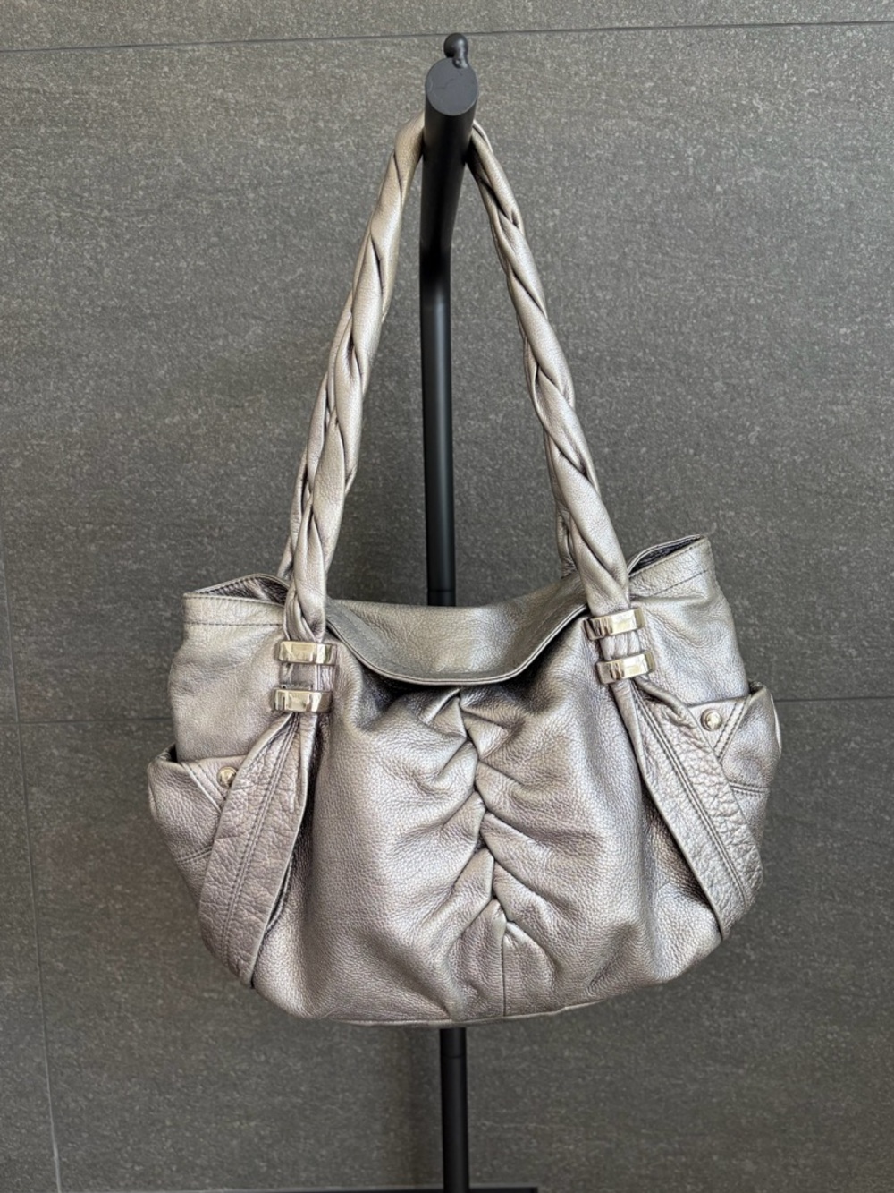 B Makowsky Silver Leather Braided Shoulder Bag